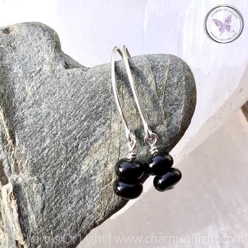 Black Onyx Rondelle Silver Angled Earrings